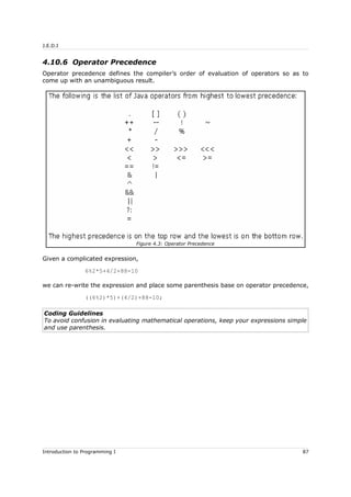 J.E.D.I
4.10.6 Operator Precedence
Operator precedence defines the compiler’s order of evaluation of operators so as to
come up with an unambiguous result.
Given a complicated expression,
6%2*5+4/2+88-10
we can re-write the expression and place some parenthesis base on operator precedence,
((6%2)*5)+(4/2)+88-10;
Coding Guidelines
To avoid confusion in evaluating mathematical operations, keep your expressions simple
and use parenthesis.
Introduction to Programming I 87
Figure 4.3: Operator Precedence
 