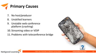 netspeedlearning.com
Primary Causes
7. No host/producer
8. Unskilled learners
9. Unstable web conference
platform (crashing)
10. Streaming video or VOIP
11. Problems with teleconference bridge
© 2021 Clay & Associates Inc./NetSpeed Learning Solutions 12
 