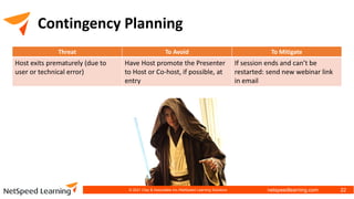 netspeedlearning.com
Contingency Planning
Threat To Avoid To Mitigate
Host exits prematurely (due to
user or technical error)
Have Host promote the Presenter
to Host or Co-host, if possible, at
entry
If session ends and can’t be
restarted: send new webinar link
in email
© 2021 Clay & Associates Inc./NetSpeed Learning Solutions 22
 