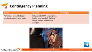 netspeedlearning.com
Contingency Planning
Threat To Avoid To Mitigate
Participant is unable to join
breakout session with audio
Set audio to VOIP only or phone
bridge only (Adobe); if phone
bridge, merge names with
numbers
© 2021 Clay & Associates Inc./NetSpeed Learning Solutions 24
 