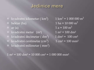  kvadratni kilometar ( km2
) 1 km2
= 1 000 000 m2
 hektar (ha) 1 ha = 10 000 m2
 ar (a) 1 a = 100 m2
 kvadratni metar (m²) 1 m² = 100 dm²
 kvadratni decimetar ( dm2
) 1 dm² = 100 cm²
 kvadratni centimetar (cm2
) 1 cm² = 100 mm²
 kvadratni milimetar ( mm2
)
1 m² = 100 dm² = 10 000 cm² = 1 000 000 mm²
 
