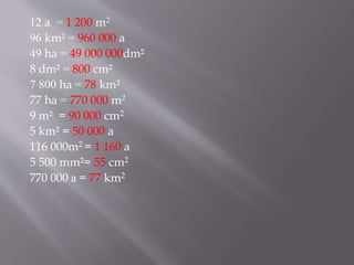 12 a = 1 200 m2
96 km² = 960 000 a
49 ha = 49 000 000dm²
8 dm² = 800 cm²
7 800 ha = 78 km²
77 ha = 770 000 m2
9 m² = 90 000 cm2
5 km² = 50 000 a
116 000m2 = 1 160 a
5 500 mm²= 55 cm2
770 000 а = 77 km2
 
