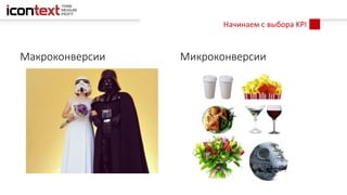 Начинаем с выбора KPI
Макроконверсии Микроконверсии
 