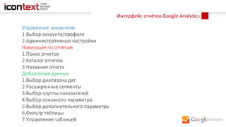 Интерфейс отчётов Google Analytics
Управление аккаунтом
1.Выбор аккаунта/профиля
2.Административные настройки
Навигация по отчетам
1.Поиск отчетов
2.Каталог отчетов
3.Название отчета
Добавление данных
1.Выбор диапазона дат
2.Расширенные сегменты
3.Выбор группы показателей
4.Выбор основного параметра
5.Выбор дополнительного параметра
6.Фильтр таблицы
7.Управление таблицей
 