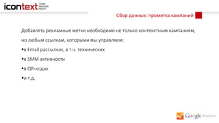 Сбор данных: прометка кампаний
Добавлять рекламные метки необходимо не только контекстным кампаниям,
но любым ссылкам, которыми мы управляем:
в Email рассылках, в т.ч. технических
в SMM активности
в QR-кодах
и т.д.
 