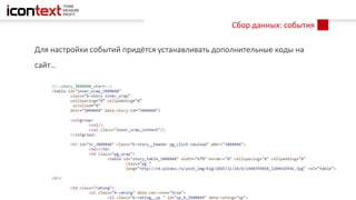 Сбор данных: события
Для настройки событий придётся устанавливать дополнительные коды на
сайт…
 