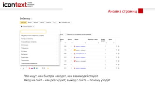 Анализ страниц
Что ищут, как быстро находят, как взаимодействуют
Вход на сайт – как реагируют; выход с сайта – почему уходят
 
