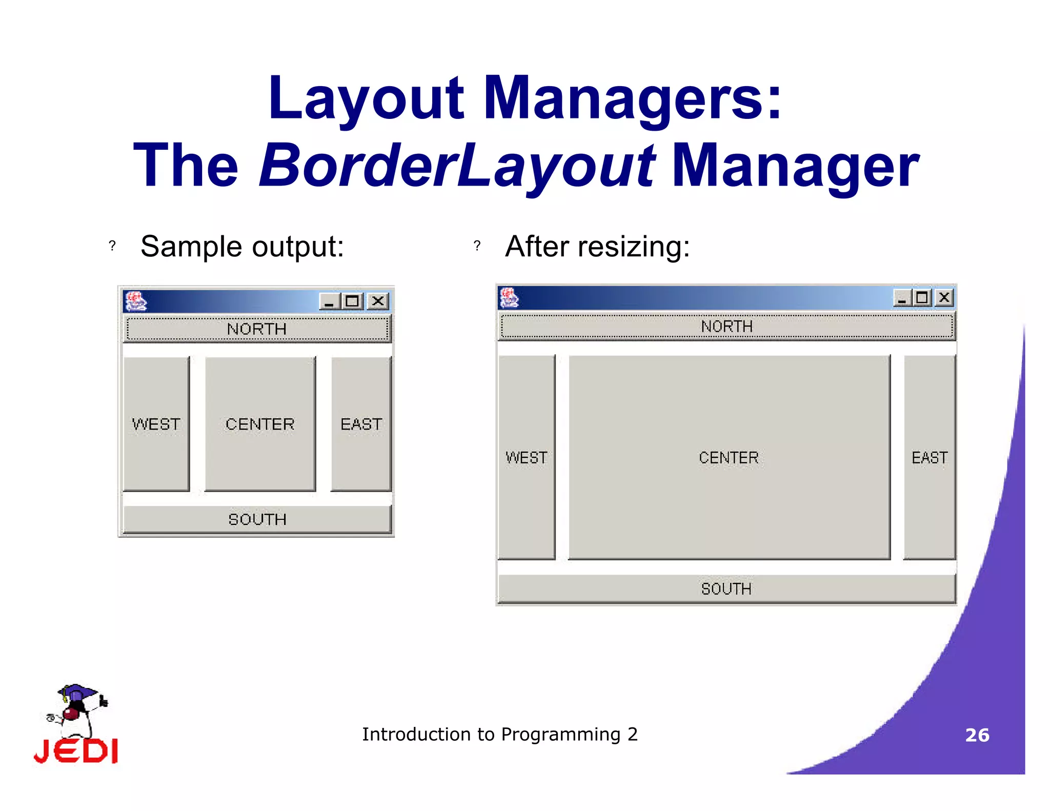 Introduction to Programming 2 26
Layout Managers:
The BorderLayout Manager
? Sample output: ? After resizing:
 