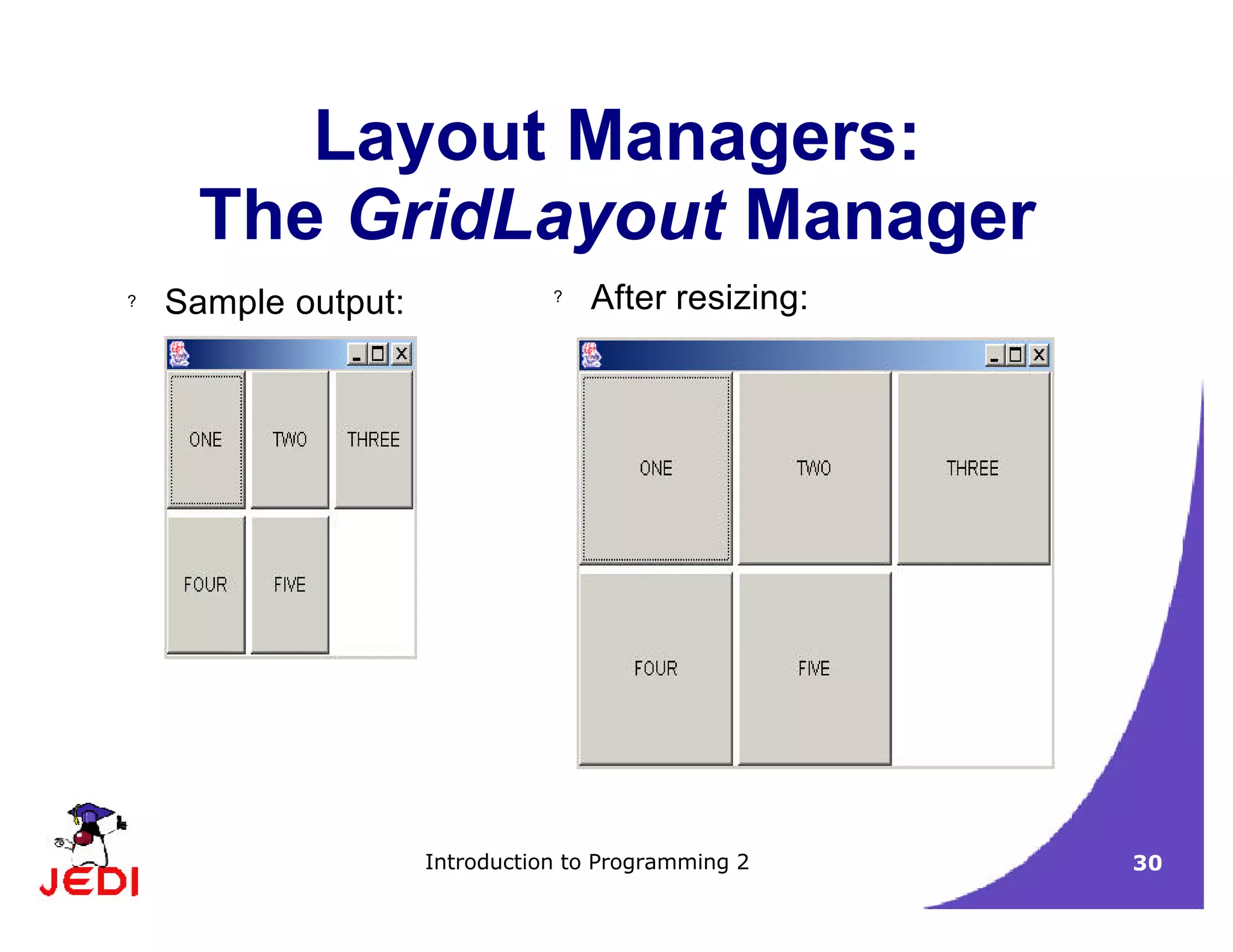 Introduction to Programming 2 30
Layout Managers:
The GridLayout Manager
? Sample output: ? After resizing:
 
