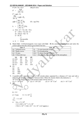 (5) VIDYALANKAR : JEE-MAIN 2014 : Paper and Solution
(Pg. 5)
P′ (54 − h) = P0 8 (Boyel′s law)
P′ = 0P 8
(54 h)−
P′ + ρgh = P0
0
0
8P
gh P
54 h
+ ρ =
−
0
46 h
gh P
54 h
−⎛ ⎞
ρ = ⎜ ⎟
−⎝ ⎠
(P0 = ρg (76))
h =
46 h
(76)
54 h
−⎛ ⎞
⎜ ⎟
−⎝ ⎠
⇒ 54 h − h2
= 76 × 46 − 76 h
h2
− 130 h + 76 × 46 = 0
(h − 38) (h − 92) = 0
h = 38, 92
↓
Not possible
⇒ h = 38 cm
6. Match List – I (Electromagnetic wave type) with List – II (Its association/application) and select the
correct option from the choices given below the lists :
List - I List - II
(a) Infrared waves (i) To treat muscular strain
(b) Radio waves (ii) For broadcasting
(c) X-rays (iii) To detect fracture of bones
(d) Ultraviolet rays (iv) Absorbed by the ozone layer of the atmosphere
(a) (b) (c) (d)
(1) (iii) (ii) (i) (iv)
(2) (i) (ii) (iii) (iv)
(3) (iv) (iii) (ii) (i)
(4) (i) (ii) (iv) (iii)
6. (2)
(a) (I)
(b) (II)
(c) (III)
(d) (IV)
7. A parallel plate capacitor is made of two circular plates separated by a distance of 5 mm and with a
dielectric of dielectric constant 2.2 between them. When the electric field in the dielectric is 3 ×
104
V/m, the charge density of the positive plate will be close to :
(1) 3 × 104
C/m2
(2) 6 × 104
C/m2
(3) 6 × 10−7
C/m2
(4) 3 × 10−7
C/m2
7. (3)
K = 2.2
d = 5 mm E = 3 × 104 v
m
ok
σ
∈
= 3 × 104
σ = k∈o × 3 × 104
= 2.2 × 8.85 × 10−12
× 3 × 104
= 58.41 × 10−8
= 5.84 × 10−7
= 6 × 10−7
c/m2
(approx.)
d
 