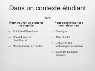 Dans un contexte étudiant
Pour trouver un stage et
un emplois
 Point de différentiation
 Contact avec la
réalité/terrain
 Moyen d’entrer en contact
Pour concrétiser ses
connaissances
 Être à jour
 Aller plus loin
 Découvrir des
technologies novatrices
 Entendre plusieurs
versions
 