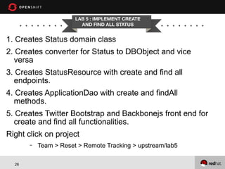 LAB 5 : IMPLEMENT CREATE
AND FIND ALL STATUS

1. Creates Status domain class
2. Creates converter for Status to DBObject and vice
versa
3. Creates StatusResource with create and find all
endpoints.
4. Creates ApplicationDao with create and findAll
methods.
5. Creates Twitter Bootstrap and Backbonejs front end for
create and find all functionalities.
Right click on project
–

26

Team > Reset > Remote Tracking > upstream/lab5

 