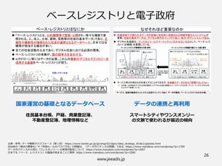 www.jeeadis.jp
26
ベースレジストリと電子政府
データの連携と再利用
スマートシティやワンスオンリー
の文脈で使われるが最近の傾向
国家運営の基礎となるデータベース
住民基本台帳、戸籍、商業登記簿、
不動産登記簿、地理情報など
 