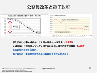 公務員改革と電子政府
www.jeeadis.jp 79
増えすぎた仕事＋減らされた人員＋進まないIT活用 （三重苦）
＋減らない公務員バッシング＋増えない給与＋増える非正規職員 （六重苦）
魚の釣り方を教える前に…
電子政府の一番の利用者である行政職員を巻き込めるか？
 