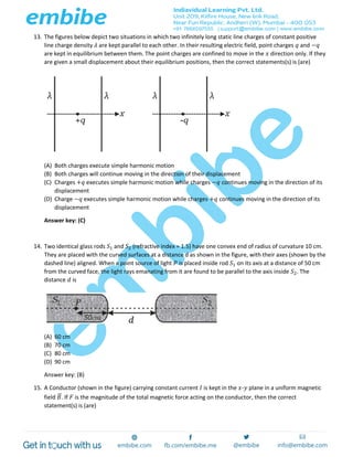 13. The figures below depict two situations in which two infinitely long static line charges of constant positive
line charge density 𝜆 are kept parallel to each other. In their resulting electric field, point charges 𝑞 and −𝑞
are kept in equilibrium between them. The point charges are confined to move in the 𝑥 direction only. If they
are given a small displacement about their equilibrium positions, then the correct statements(s) is (are)
(A) Both charges execute simple harmonic motion
(B) Both charges will continue moving in the direction of their displacement
(C) Charges +𝑞 executes simple harmonic motion while charges −𝑞 continues moving in the direction of its
displacement
(D) Charge −𝑞 executes simple harmonic motion while charges +𝑞 continues moving in the direction of its
displacement
Answer key: (C)
14. Two identical glass rods 𝑆1 and 𝑆2 (refractive index = 1.5) have one convex end of radius of curvature 10 cm.
They are placed with the curved surfaces at a distance d as shown in the figure, with their axes (shown by the
dashed line) aligned. When a point source of light 𝑃 is placed inside rod 𝑆1 on its axis at a distance of 50 cm
from the curved face, the light rays emanating from it are found to be parallel to the axis inside 𝑆2. The
distance 𝑑 is
(A) 60 cm
(B) 70 cm
(C) 80 cm
(D) 90 cm
Answer key: (B)
15. A Conductor (shown in the figure) carrying constant current 𝐼 is kept in the 𝑥-𝑦 plane in a uniform magnetic
field 𝐵⃗ . If 𝐹 is the magnitude of the total magnetic force acting on the conductor, then the correct
statement(s) is (are)
 