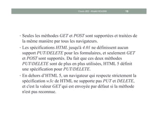 • Seules les méthodes GET et POST sont supportées et traitées de
la même manière par tous les navigateurs.
• Les spécifications HTML jusqu'à 4.01 ne définissent aucun
support PUT/DELETE pour les formulaires, et seulement GET
et POST sont supportés. Du fait que ces deux méthodes
PUT/DELETE sont de plus en plus utilisées, HTML 5 définit
une spécification pour PUT/DELETE.
• En dehors d’HTML 5, un navigateur qui respecte strictement la
spécification w3c de HTML ne supporte pas PUT et DELETE,
et c'est la valeur GET qui est envoyée par défaut si la méthode
n'est pas reconnue.
Cours JEE - Khalid HOUSNI 18
 