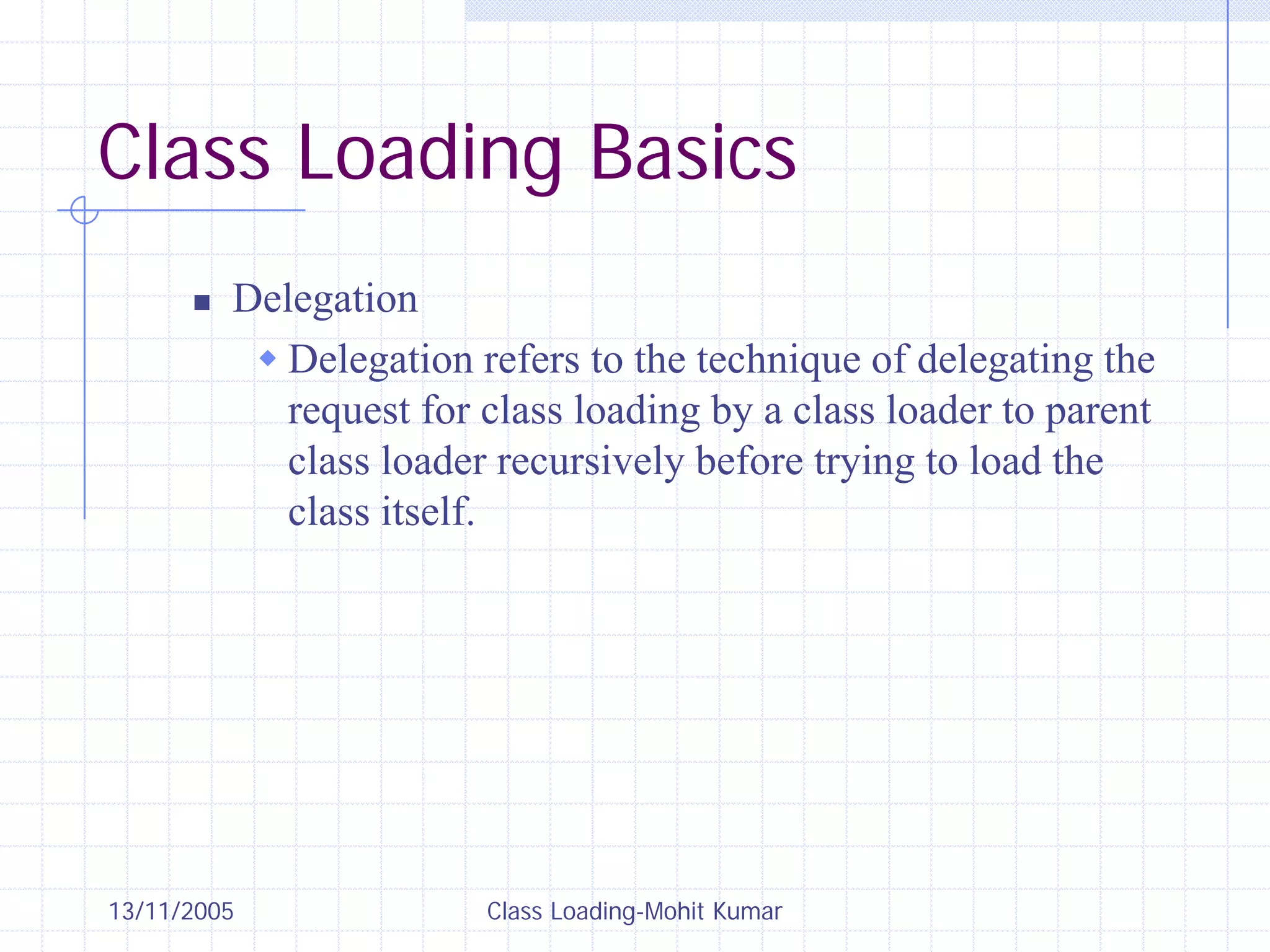 13/11/2005 Class Loading-Mohit Kumar
Class Loading Basics
„ Delegation
Š Delegation refers to the technique of delegating the
request for class loading by a class loader to parent
class loader recursively before trying to load the
class itself.
 