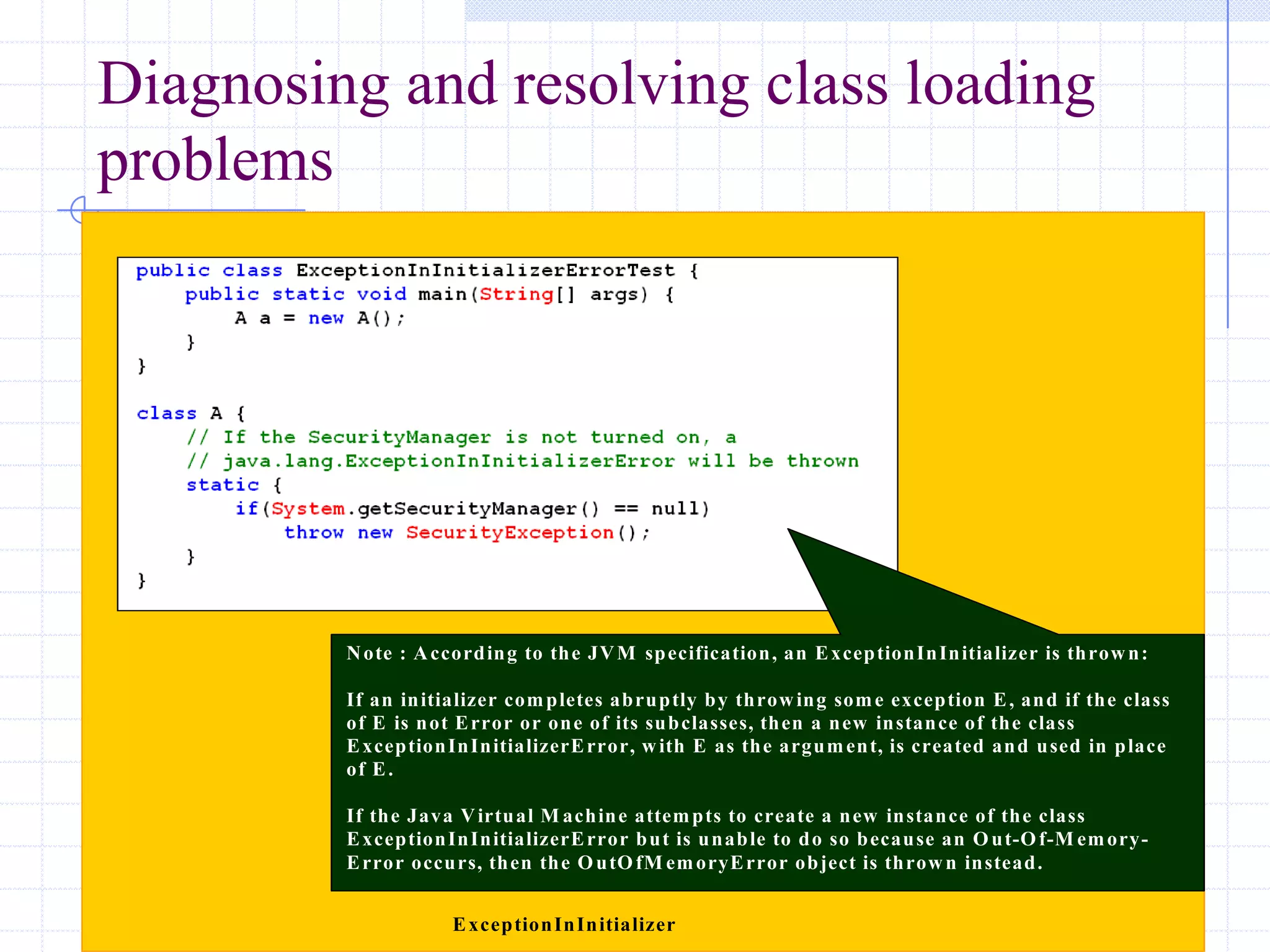 13/11/2005 Class Loading-Mohit Kumar
Diagnosing and resolving class loading
problems
It is possible to write useful loadClass() methods that do not follow the standard
delegation model; there are problems that can potentially arise as a resultIt is possible to
write useful loadClass() methods that do not follow the standard delegation model;
there are problems that can potentially arise as a result
ExceptionInInitializer
Note : According to the JVM specification, an ExceptionInInitializer is thrown:
If an initializer completes abruptly by throwing some exception E, and if the class
of E is not Error or one of its subclasses, then a new instance of the class
ExceptionInInitializerError, with E as the argument, is created and used in place
of E.
If the Java Virtual M achine attempts to create a new instance of the class
ExceptionInInitializerError but is unable to do so because an Out-Of-M emory-
Error occurs, then the OutOfM emoryError object is thrown instead.
 