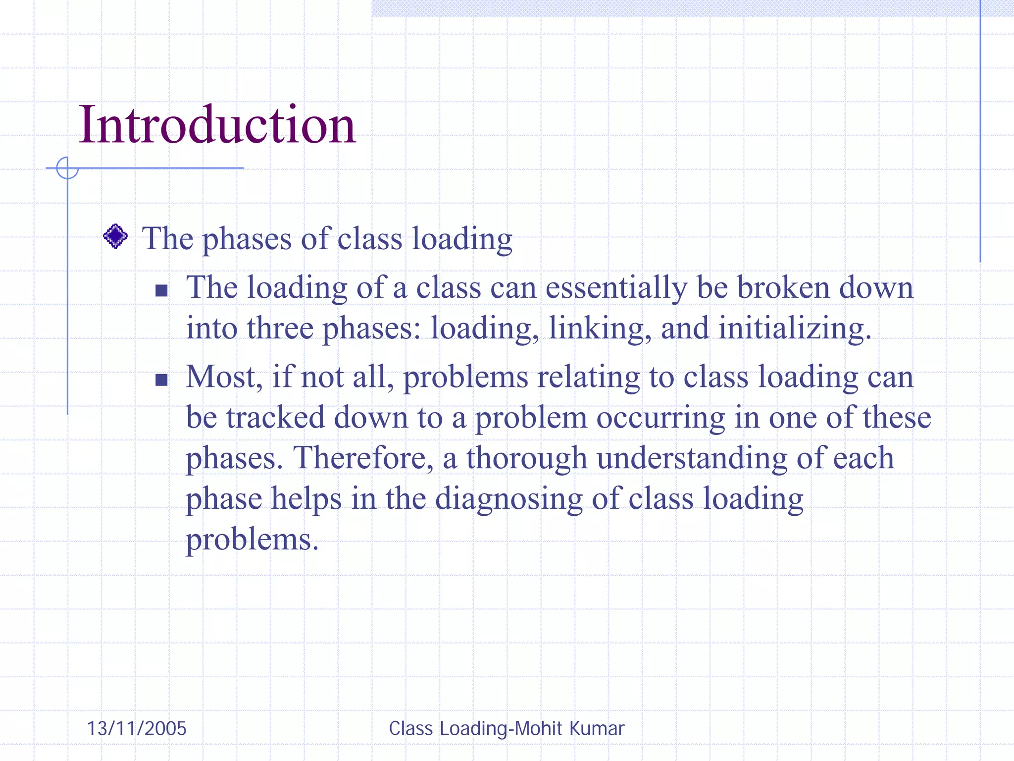 13/11/2005 Class Loading-Mohit Kumar
Introduction
The phases of class loading
„ The loading of a class can essentially be broken down
into three phases: loading, linking, and initializing.
„ Most, if not all, problems relating to class loading can
be tracked down to a problem occurring in one of these
phases. Therefore, a thorough understanding of each
phase helps in the diagnosing of class loading
problems.
 