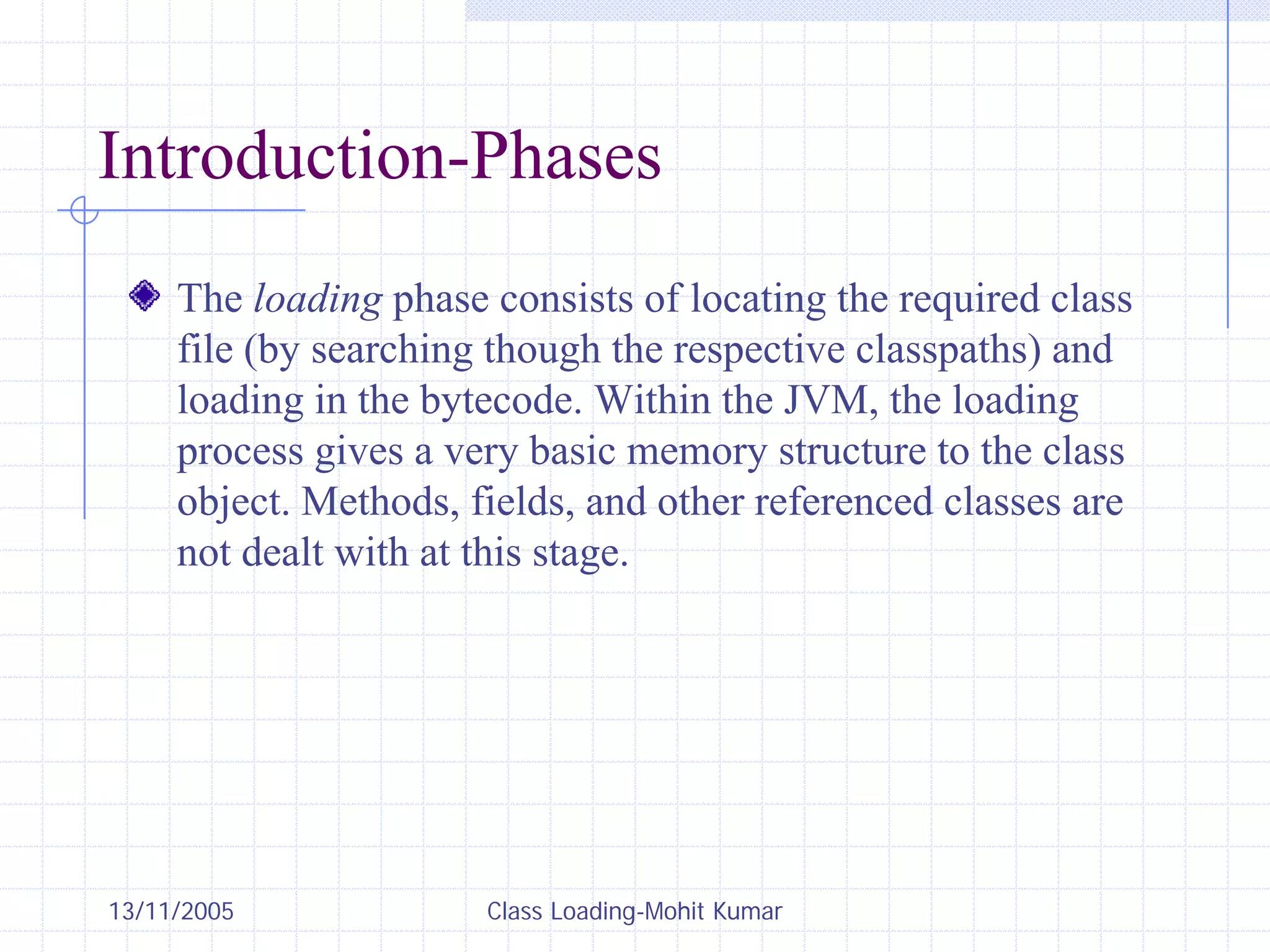 13/11/2005 Class Loading-Mohit Kumar
Introduction-Phases
The loading phase consists of locating the required class
file (by searching though the respective classpaths) and
loading in the bytecode. Within the JVM, the loading
process gives a very basic memory structure to the class
object. Methods, fields, and other referenced classes are
not dealt with at this stage.
 