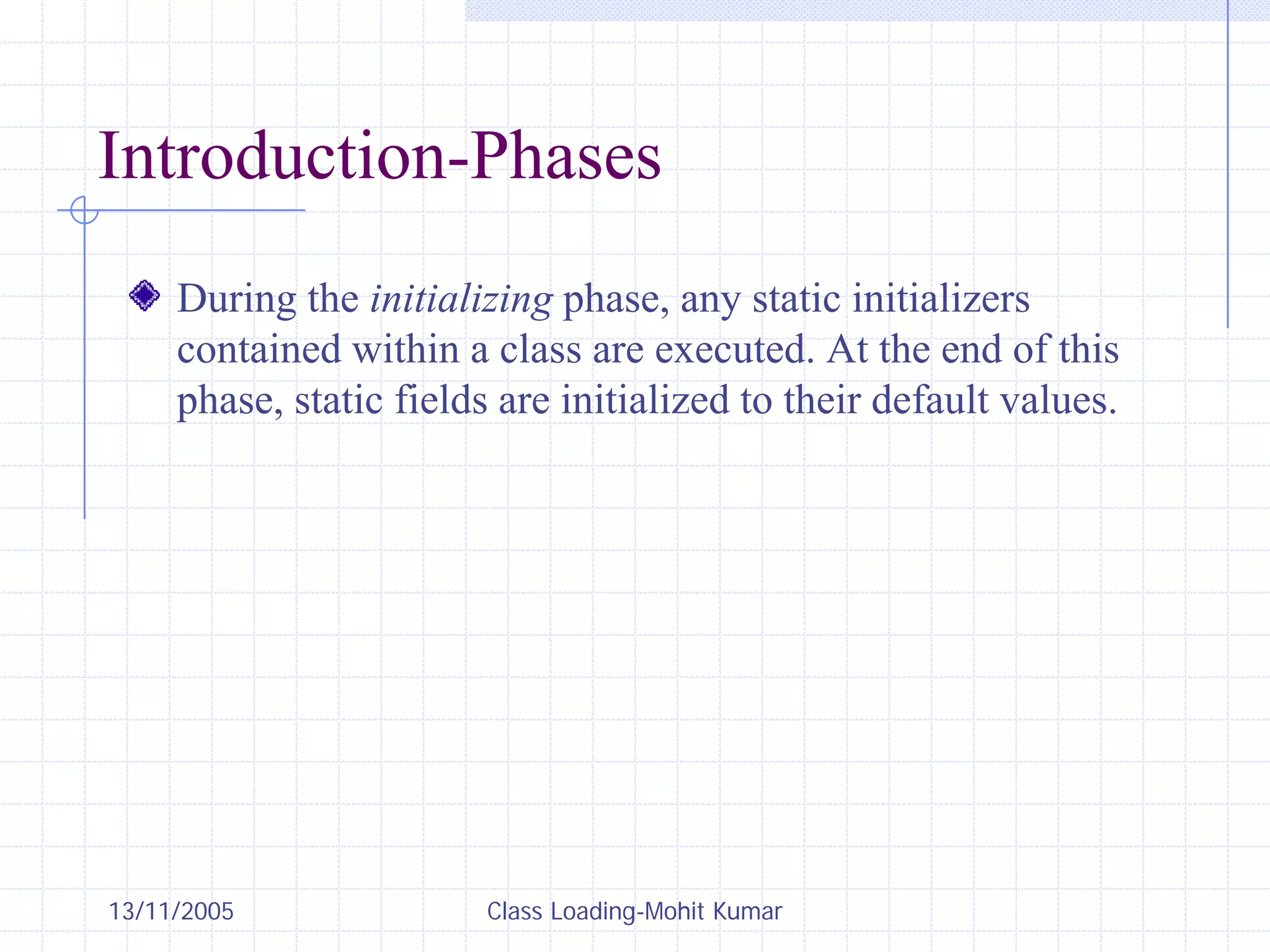 13/11/2005 Class Loading-Mohit Kumar
Introduction-Phases
During the initializing phase, any static initializers
contained within a class are executed. At the end of this
phase, static fields are initialized to their default values.
 