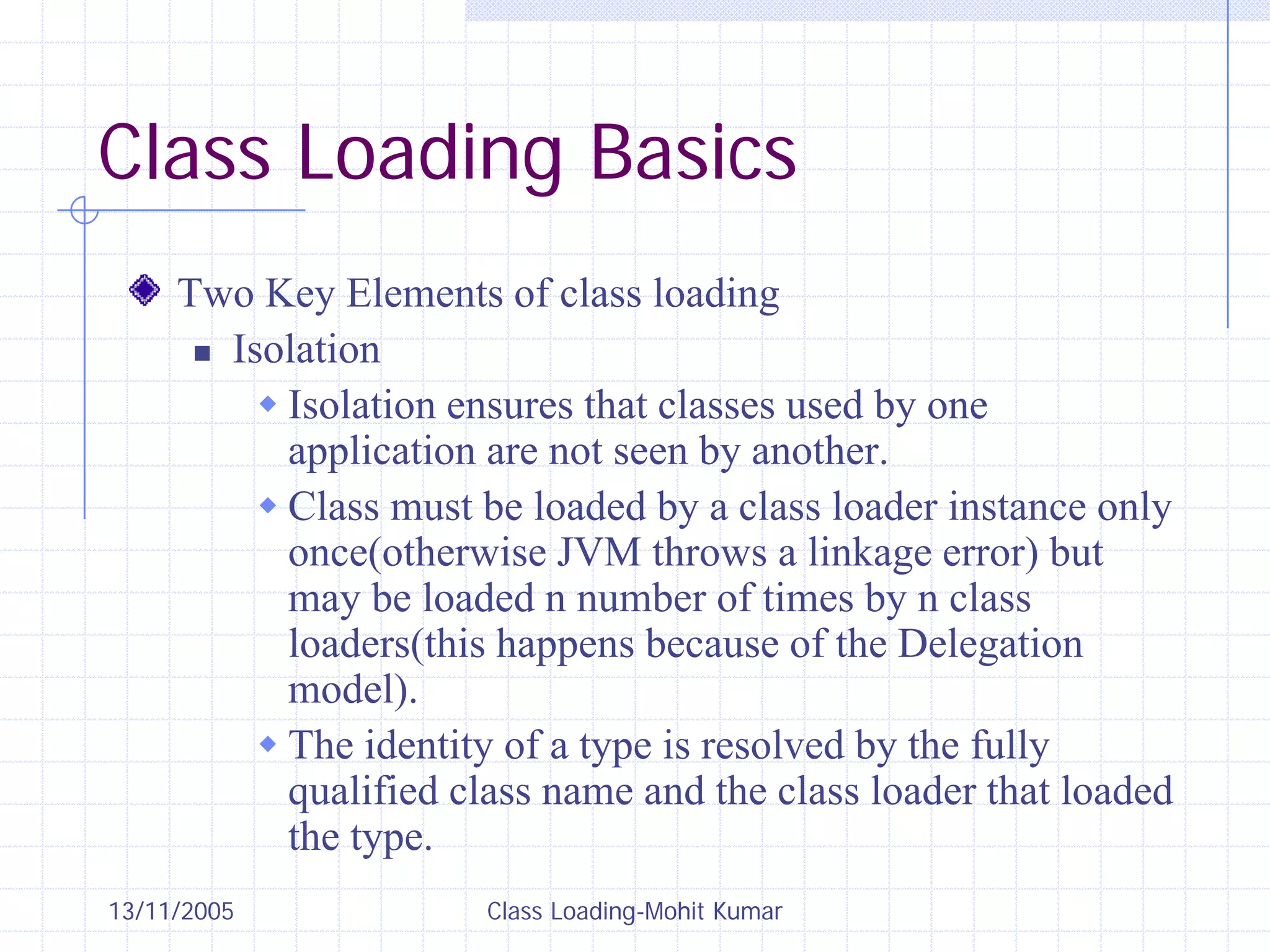 13/11/2005 Class Loading-Mohit Kumar
Class Loading Basics
Two Key Elements of class loading
„ Isolation
Š Isolation ensures that classes used by one
application are not seen by another.
Š Class must be loaded by a class loader instance only
once(otherwise JVM throws a linkage error) but
may be loaded n number of times by n class
loaders(this happens because of the Delegation
model).
Š The identity of a type is resolved by the fully
qualified class name and the class loader that loaded
the type.
 