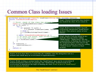 13/11/2005 Class Loading-Mohit Kumar
Common Class loading Issues
S tep 1 . C h eck if I(cu rren t cla ss lo a d er)
h a s lo a d ed th e cla ss. if y es retu rn it.
S tep 2 . B efo re I try to lo a d it m y self,
recu rsiv ely ca ll p a ren ts “ lo a d C la ss()”
m eth o d . T h is en su res sa fety o f co re
cla sses.
S tep 3 . fin a lly if a ll else fa iled let m e
lo a d th e cla ss m y self b y ca llin g
“ fin d C la ss()” . ” fin d C la ss()” h a s th e
resp o n sib ility o f fin d in g th e cla ss fro m
th e d esig n a ted p la ce a n d co n v ert th e
ra w d a ta o f a cla ss to a cla ss b y ca llin g
“ d efin eC la ss()” w h ich is a fin a l
m eth o d .
N o te1 : A s it is clea r th a t v ery m u ch lik e th e v isib ility ru les th e d eleg a tio n ru le is a
d efa u lt ru le w h ich m a y b e o v erw ritten if req u ired (ra rely ).
N o te2 : W h ile w ritin g a cu sto m lo a d er th e “ lo a d C la ss()” m a y n o t b e o v erw ritten if
d efa u lt d eleg a tio n b eh a v io r is req u ired . T h e “ fin d C la ss()” m eth o d n eed s to b e
o v erw ritten to im p lem en t th e lo g ic o f fin d in g th e cla ss. P rio r to ja v a to “ lo a d C la ss()”
w a s a n a b stra ct m eth o d .
T h e “ lo a d C la ss()” co n tra ct
 