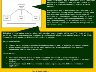 13/11/2005 Class Loading-Mohit Kumar
It is possible to write useful loadClass() methods that do not follow the standard
delegation model; there are problems that can potentially arise as a resultIt is possible to
write useful loadClass() methods that do not follow the standard delegation model;
there are problems that can potentially arise as a result
Peer Class Loading
W hile the simplest way to avoid class loader constraint
violations is to only have one copy of a class in the
system, it is sometimes necessary to have multiple
versions.
One possible way to avoid constraint violations, is to
use a peer class loading model. Peer class loading does
not follow the traditional hierarchical delegation
structure for class loaders. Instead, it has a set of class
loaders that are unrelated except that they have the
same parent (usually the system class loader). These
class loaders can delegate not only to their parent, but
also to their peers.
This kind of class loader structure allows discrete class spaces to exist within one JVM; thus, it's very
useful for running componentized products. A good example of this class loading structure is an OSGi
framework, such as the one Eclipse, JBOSS4.0.2 is built on.
Advantages include:
• Classes do not need to be replicated across deployment units in order to have access to them.
• Many future possibilities including novel partitioning of the repositories into domains,
dependency and conflict detection, etc.
Disadvantages:
• Since the delegation model has been overridden prevention of class duplication is
programmer’s responsibility. Can lead to class cast exceptions and linkage errors if not done
properly.
• Some times we need different versions of classes. Eg running two different versions of
application.
 