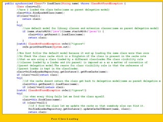 13/11/2005 Class Loading-Mohit Kumar
It is p o s s ib le to w rite u s e fu l l o a d C l a s s ( ) m e th o d s th a t d o n o t fo llo w th e s ta n d a rd
d e le g a tio n m o d e l; th e re a re p ro b le m s th a t c a n p o te n tia lly a ris e a s a re s u ltIt is p o s s ib le to
w rite u s e fu l l o a d C l a s s ( ) m e th o d s th a t d o n o t fo llo w th e s ta n d a rd d e le g a tio n m o d e l;
th e re a re p ro b le m s th a t c a n p o te n tia lly a ris e a s a re s u lt
P e e r C la s s L o a d in g
 