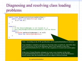 13/11/2005 Class Loading-Mohit Kumar
Diagnosing and resolving class loading
problems
It is possible to write useful loadClass() methods that do not follow the standard
delegation model; there are problems that can potentially arise as a resultIt is possible to
write useful loadClass() methods that do not follow the standard delegation model;
there are problems that can potentially arise as a result
ExceptionInInitializer
Note : According to the JVM specification, an ExceptionInInitializer is thrown:
If an initializer completes abruptly by throwing some exception E, and if the class
of E is not Error or one of its subclasses, then a new instance of the class
ExceptionInInitializerError, with E as the argument, is created and used in place
of E.
If the Java Virtual M achine attempts to create a new instance of the class
ExceptionInInitializerError but is unable to do so because an Out-Of-M emory-
Error occurs, then the OutOfM emoryError object is thrown instead.
 