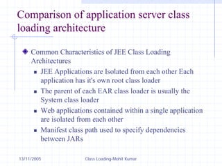 13/11/2005 Class Loading-Mohit Kumar
Comparison of application server class
loading architecture
Common Characteristics of JEE Class Loading
Architectures
„ JEE Applications are Isolated from each other Each
application has it's own root class loader
„ The parent of each EAR class loader is usually the
System class loader
„ Web applications contained within a single application
are isolated from each other
„ Manifest class path used to specify dependencies
between JARs
 