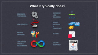 What it typically does?
CONTAINERS 
PROVISIONING
HEALTHCHECKS
METRICS 
GATHERING
APPLICATION  
LIFECYCLE 
MANAGEMENT
SCALING
AUTOMATIC  
LOAD 
BALANCING
SERVICE 
DISCOVERY 
& 
CONNECTIVITY
CUSTOM
SCRIPTING*
 