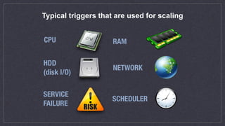 Typical triggers that are used for scaling
CPU RAM
HDD 
(disk I/O)
NETWORK
SERVICE 
FAILURE
SCHEDULER
 