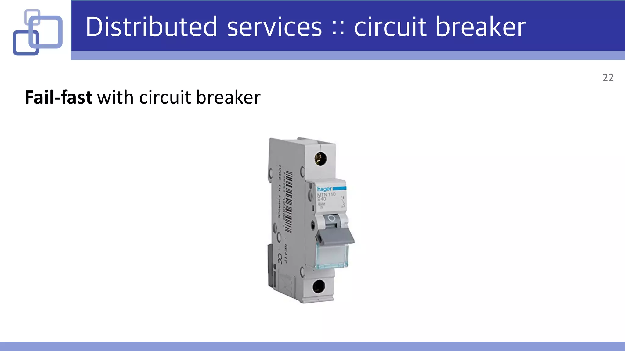 Distributed services :: circuit breaker
Fail-fast	with	circuit	breaker
22
 