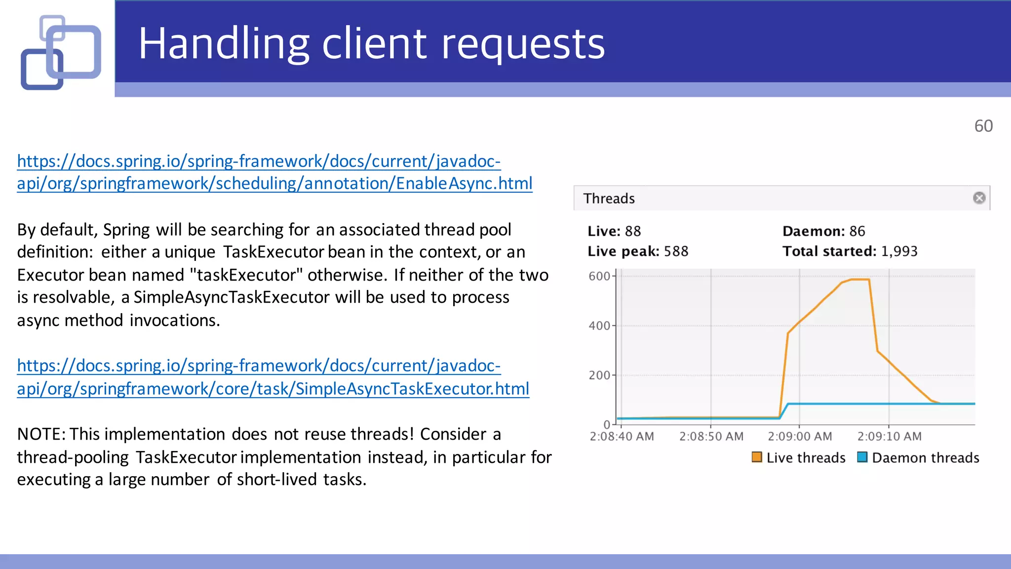 Handling client requests
https://docs.spring.io/spring-framework/docs/current/javadoc-
api/org/springframework/scheduling/annotation/EnableAsync.html
By	default,	Spring	will	be	searching	for	an	associated	thread	pool	
definition:	 either	a	unique	 TaskExecutorbean	in	the	context,	or	an	
Executor	bean	named	"taskExecutor"	otherwise.	If	neither	of	the	two	
is	resolvable,	a	SimpleAsyncTaskExecutor will	be	used	to	process	
async method	invocations.
https://docs.spring.io/spring-framework/docs/current/javadoc-
api/org/springframework/core/task/SimpleAsyncTaskExecutor.html
NOTE:	This	implementation	does	not	reuse	threads!	Consider	a	
thread-pooling	 TaskExecutorimplementation	instead,	in	particular	for	
executing	a	large	number	 of	short-lived	tasks.
60
 