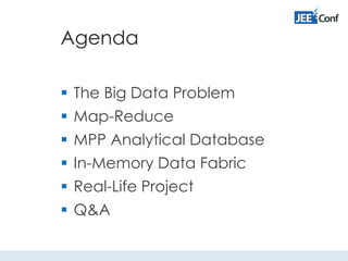 Agenda
 The Big Data Problem
 Map-Reduce
 MPP Analytical Database
 In-Memory Data Fabric
 Real-Life Project
 Q&A
 