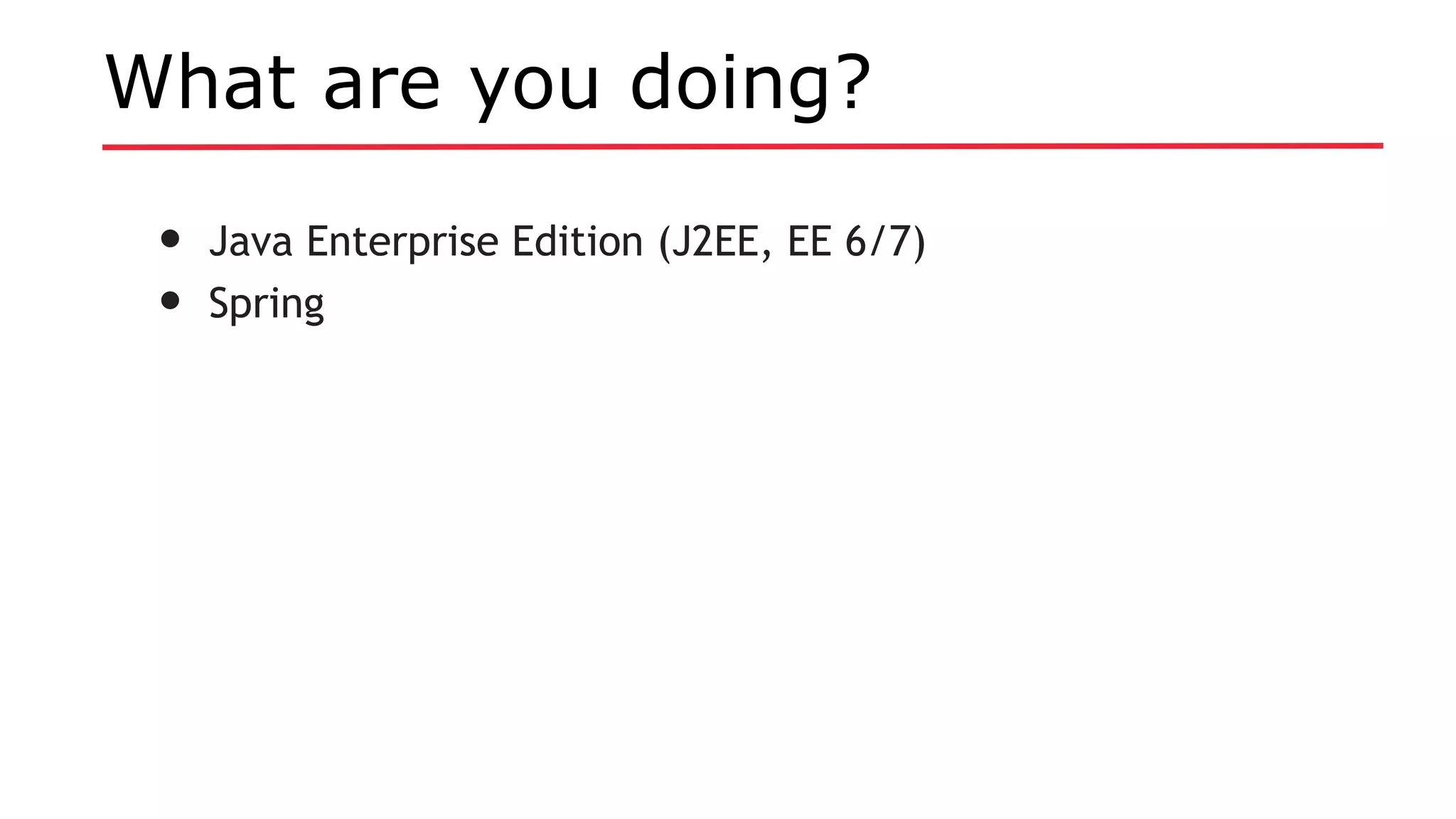 What are you doing?
• Java Enterprise Edition (J2EE, EE 6/7)
• Spring
 
