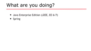 What are you doing?
• Java Enterprise Edition (J2EE, EE 6/7)
• Spring
 