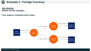 © 2017 Hazelcast Inc. Confidential & Proprietary
Example 2 : Foreign Currency
Output:
Store A
Last n
Window
Simple
Average
Weighted
Average
Input:
FX feed
Output:
Store B
(from,to,price)
n * (from,to,price)
n * (from,to,price)
(from,to,average)
(from,to,average)
One Solution
Stream out the averages….
Your output is someone else’s input
 