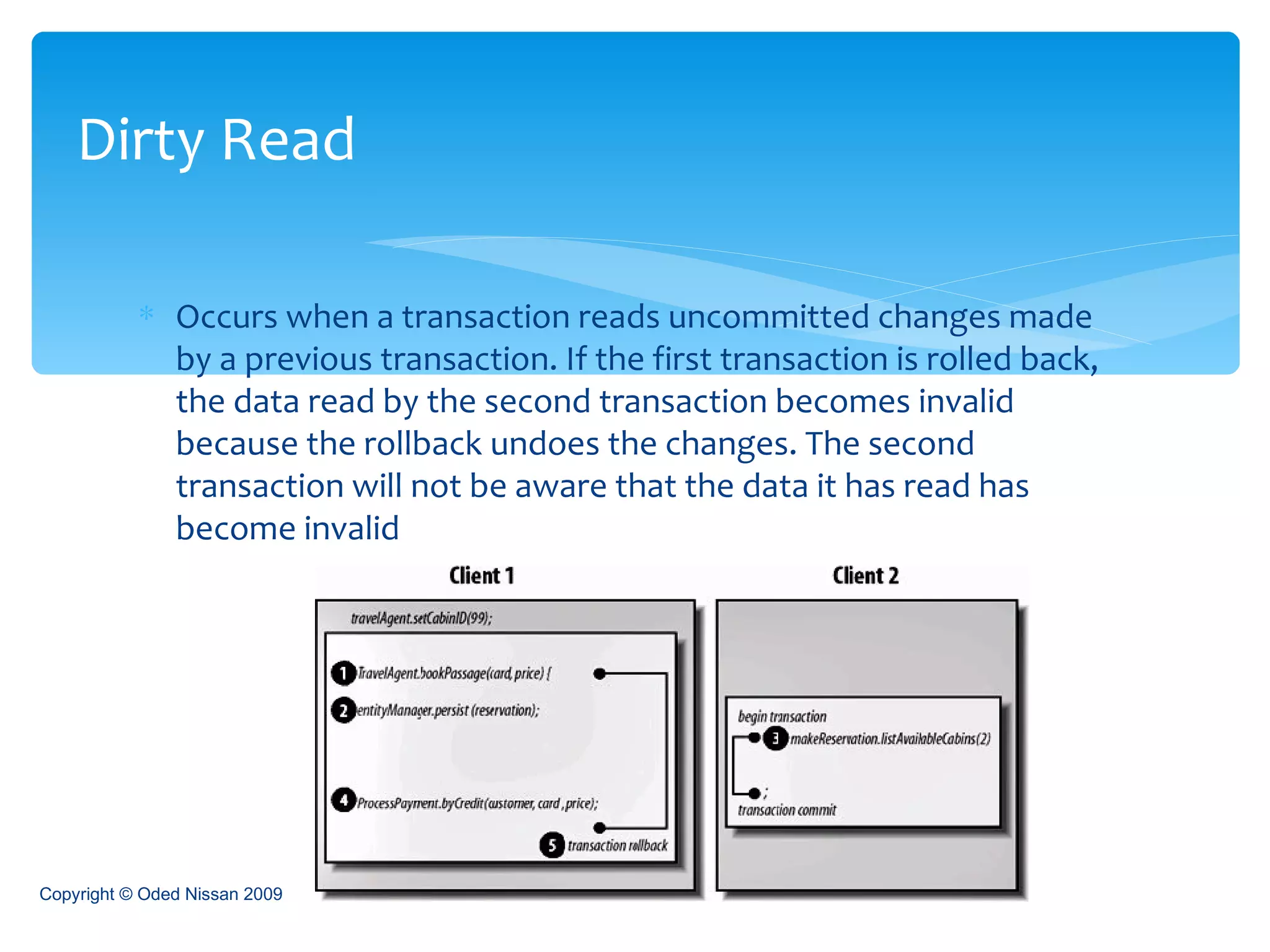 Occurs when a transaction reads uncommitted changes made by a previous transaction. If the first transaction is rolled back, the data read by the second transaction becomes invalid because the rollback undoes the changes. The second transaction will not be aware that the data it has read has become invalid Dirty Read Copyright © Oded Nissan 2009 