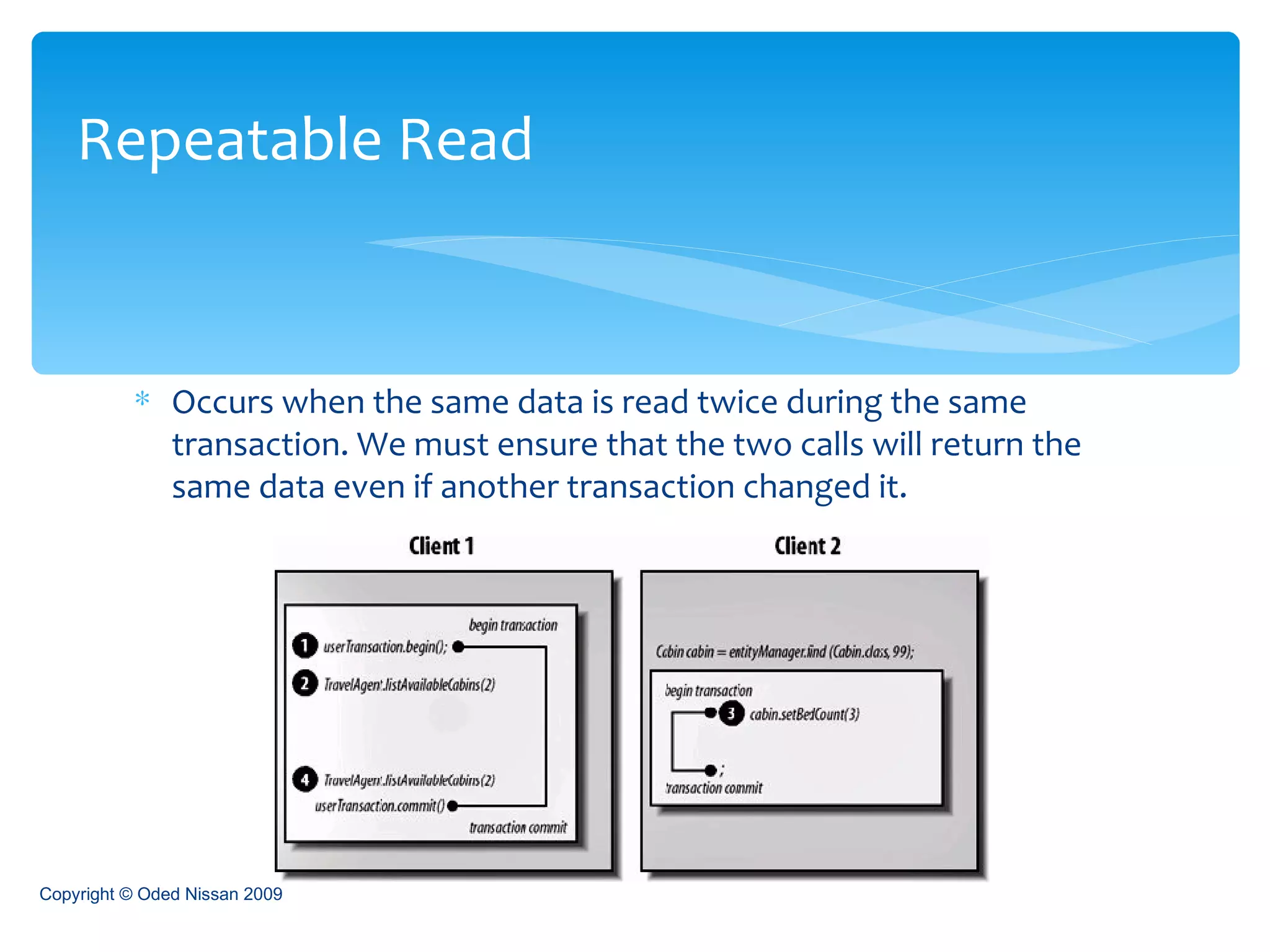 Occurs when the same data is read twice during the same transaction. We must ensure that the two calls will return the same data even if another transaction changed it. Repeatable Read Copyright © Oded Nissan 2009 