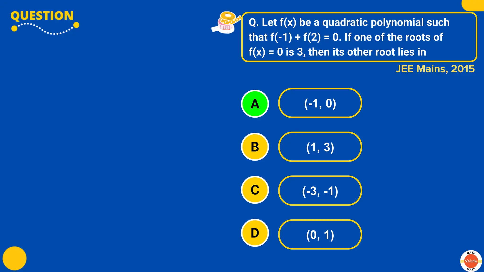 Q. Let f(x) be a quadratic polynomial such
that f(-1) + f(2) = 0. If one of the roots of
f(x) = 0 is 3, then its other root lies in
A
B
C
D
(-1, 0)
(1, 3)
(-3, -1)
(0, 1)
JEE Mains, 2015
 