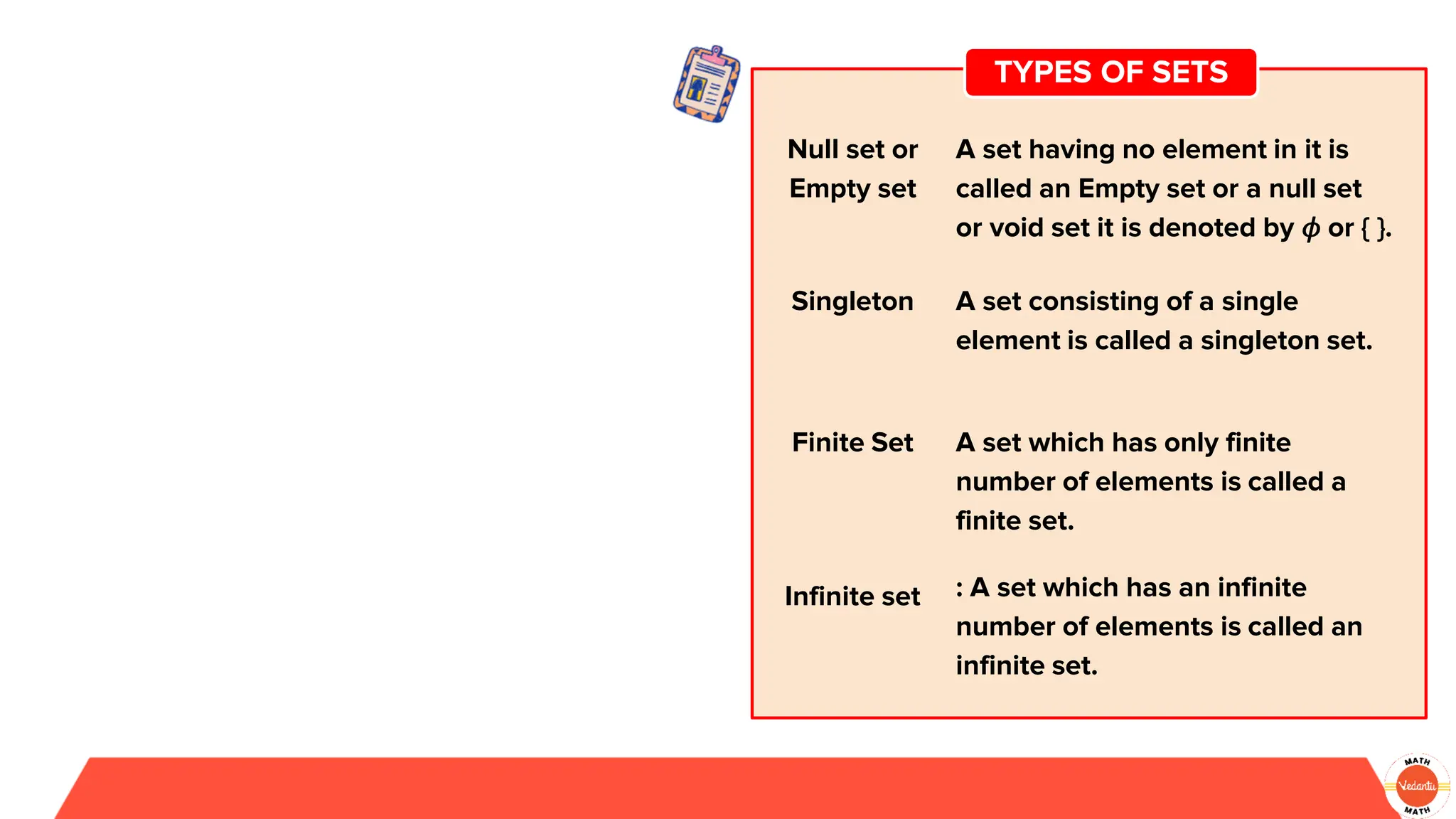 TYPES OF SETS
Null set or
Empty set
A set having no element in it is
called an Empty set or a null set
or void set it is denoted by 𝜙 or { }.
Singleton A set consisting of a single
element is called a singleton set.
Finite Set A set which has only finite
number of elements is called a
finite set.
Infinite set : A set which has an infinite
number of elements is called an
infinite set.
 
