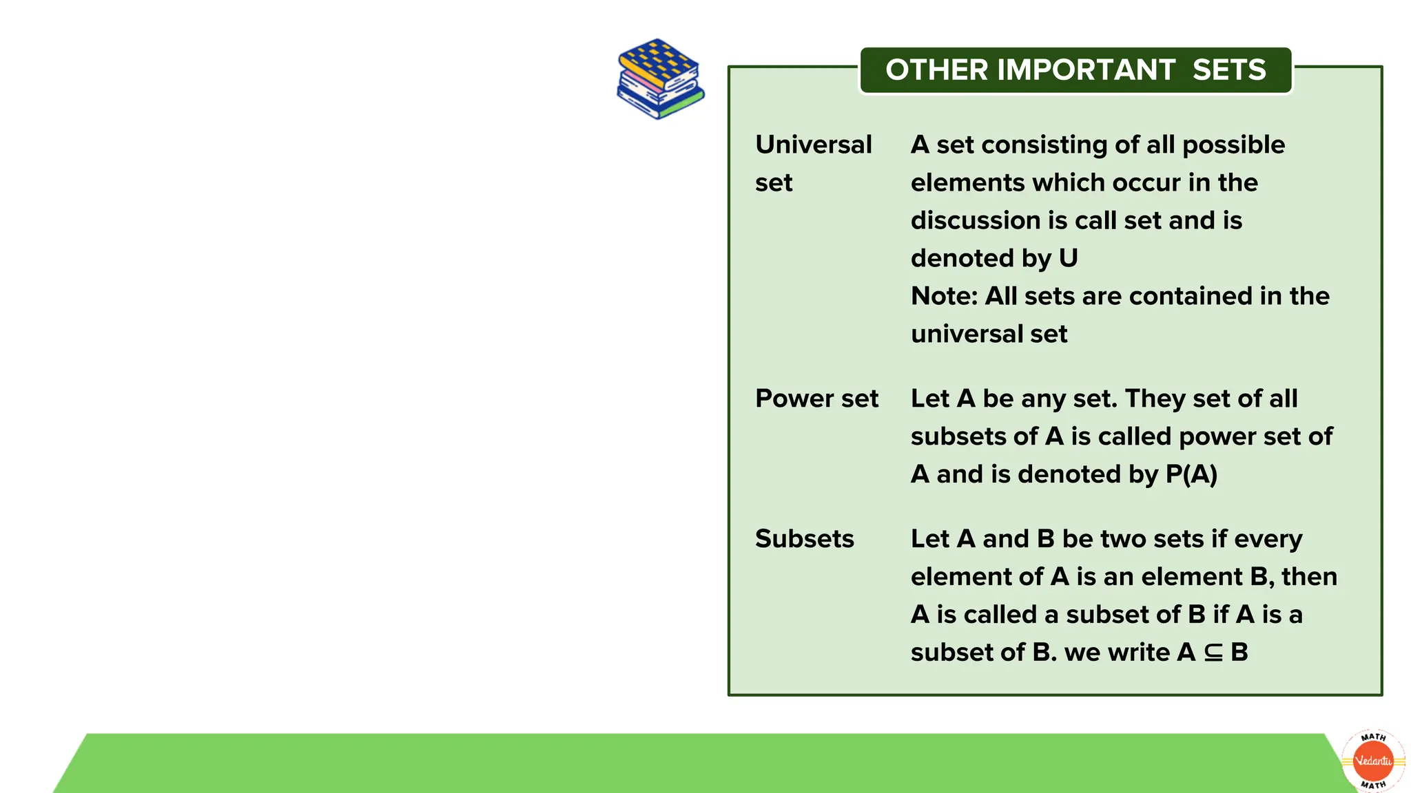 OTHER IMPORTANT SETS
Universal
set
A set consisting of all possible
elements which occur in the
discussion is call set and is
denoted by U
Note: All sets are contained in the
universal set
Power set Let A be any set. They set of all
subsets of A is called power set of
A and is denoted by P(A)
Subsets Let A and B be two sets if every
element of A is an element B, then
A is called a subset of B if A is a
subset of B. we write A ⊆ B
 