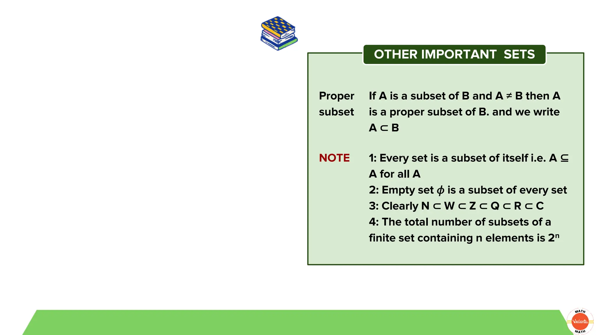 OTHER IMPORTANT SETS
Proper
subset
If A is a subset of B and A ≠ B then A
is a proper subset of B. and we write
A ⊂ B
NOTE 1: Every set is a subset of itself i.e. A ⊆
A for all A
2: Empty set 𝜙 is a subset of every set
3: Clearly N ⊂ W ⊂ Z ⊂ Q ⊂ R ⊂ C
4: The total number of subsets of a
finite set containing n elements is 2n
 