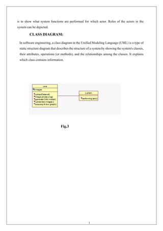 12
is to show what system functions are performed for which actor. Roles of the actors in the
system can be depicted.
CLASS DIAGRAM:
In software engineering, a class diagram in the Unified Modeling Language (UML) is a type of
static structure diagram that describes the structure of a system by showing the system's classes,
their attributes, operations (or methods), and the relationships among the classes. It explains
which class contains information.
Fig.3
 