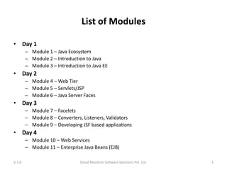 List of Modules
• Day 1
– Module 1 – Java Ecosystem
– Module 2 – Introduction to Java
– Module 3 – Introduction to Java EE
• Day 2
– Module 4 – Web Tier
– Module 5 – Servlets/JSP
– Module 6 – Java Server Faces
• Day 3
– Module 7 – Facelets
– Module 8 – Converters, Listeners, Validators
– Module 9 – Developing JSF based applications
• Day 4
– Module 10 – Web Services
– Module 11 – Enterprise Java Beans (EJB)
V 1.0 Cloud Manthan Software Solutions Pvt. Ltd. 3
 