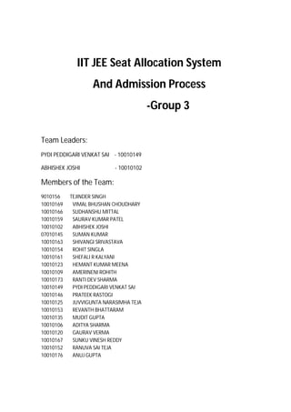 IIT JEE Seat Allocation System
And Admission Process
-Group 3
Team Leaders:
PYDI PEDDIGARI VENKAT SAI - 10010149
ABHISHEK JOSHI - 10010102
Members of the Team:
9010156 TEJINDER SINGH
10010169 VIMAL BHUSHAN CHOUDHARY
10010166 SUDHANSHU MITTAL
10010159 SAURAV KUMAR PATEL
10010102 ABHISHEK JOSHI
07010145 SUMAN KUMAR
10010163 SHIVANGI SRIVASTAVA
10010154 ROHIT SINGLA
10010161 SHEFALI R KALYANI
10010123 HEMANT KUMAR MEENA
10010109 AMERINENI ROHITH
10010173 RANTI DEV SHARMA
10010149 PYDI PEDDIGARI VENKAT SAI
10010146 PRATEEK RASTOGI
10010125 JUVVIGUNTA NARASIMHA TEJA
10010153 REVANTH BHATTARAM
10010135 MUDIT GUPTA
10010106 ADITYA SHARMA
10010120 GAURAV VERMA
10010167 SUNKU VINESH REDDY
10010152 RANUVA SAI TEJA
10010176 ANUJ GUPTA
 
