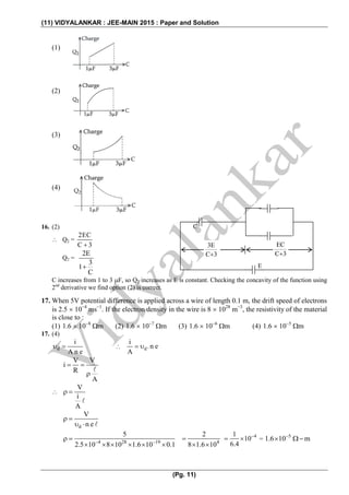 (11) VIDYALANKAR : JEE-MAIN 2015 : Paper and Solution
(Pg. 11)
(1)
(2)
(3)
(4)
16. (2)
 Q2 =
2EC
C 3
Q2 =
2E
3
1
C

C increases from 1 to 3 F, so Q2 increases as E is constant. Checking the concavity of the function using
2nd
derivative we find option (2) is correct.
17. When 5V potential difference is applied across a wire of length 0.1 m, the drift speed of electrons
is 2.5  104
ms1
. If the electron density in the wire is 8  1028
m3
, the resistivity of the material
is close to :
(1) 1.6  108
m (2) 1.6  107
m (3) 1.6  106
m (4) 1.6  105
m
17. (4)
d
i
A n e
 
 
 d
i
.n e
A
   
V V
i
R
A
 


V
i
A
 
d
V
n e
 
   
4 28 19
5
2.5 0 8 10 1.6 10 0.1 
 
      4
2
8 1.6 10

 
41
10
6.4

  = 5
1.6 10 m
 
3E
C 3
EC
C 3
E
C
 