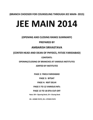 (BRANCH CHOOSER FOR COUNSELING THROUGH JEE MAIN- 2015)
JEE MAIN 2014
(OPENING AND CLOSING RANKS SUMMARY)
PREPARED BY
AMBARISH SRIVASTAVA
(CENTER HEAD AND DEAN OF PHYSICS, FIITJEE FARIDABAD)
CONTENTS:
OPENING/CLOSING OF BRANCHES AT VARIOUS INSTITUTES
SORTED BY INSTITUTES
PAGE 2: YMCA FARIDABAD
PAGE 3: BITSAT
PAGE 4: NSIT DELHI
PAGE 5 TO 12 VARIOUS NITs
PAGE 13 TO 18 DTU CUT-OFF
Note: OR = Opening Rank, CR = Closing Rank
HS = HOME STATE, OS = OTHER STATE
 